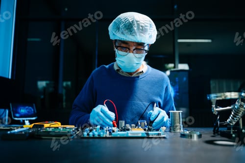 Preview: Electronics engineer repairing circuit board in laboratory. Technology, hardware repair,