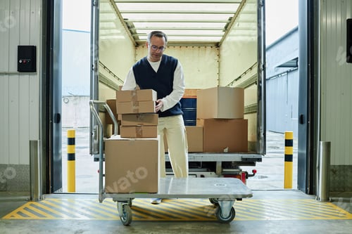 Preview: Middle Aged Caucasian Man Unloading Cardboard Boxes from Delivery Truck