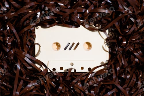 Preview: top view of arranged retro audio cassette with tape