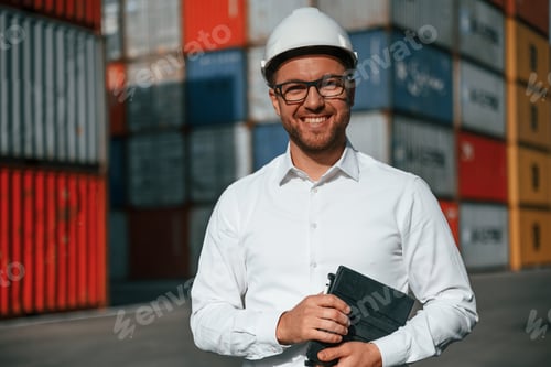 Preview: Standing and smiling. Male worker is on the location with containers