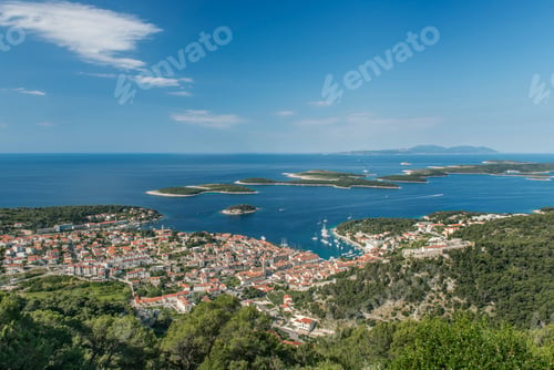 Preview: Aerial view of coastal town and hillside, Hvar, Split, Croatia