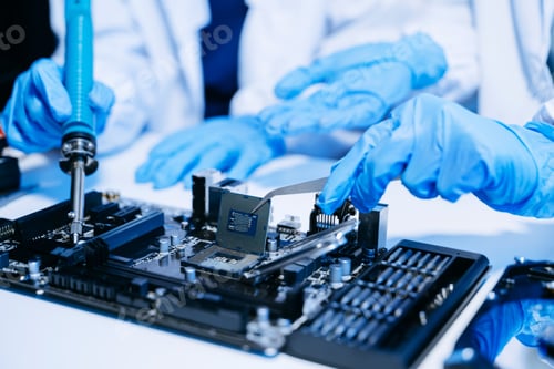 Preview: The technician is putting the CPU on the socket of the computer motherboard. electronic engineering
