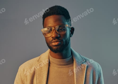 Preview: Stylish young Black man in glasses wearing a beige blazer and turtleneck, showcasing confidence
