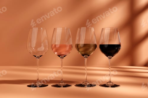 Preview: Set transparent 3d wine glasses empty, white, rose and red wine. 3d render