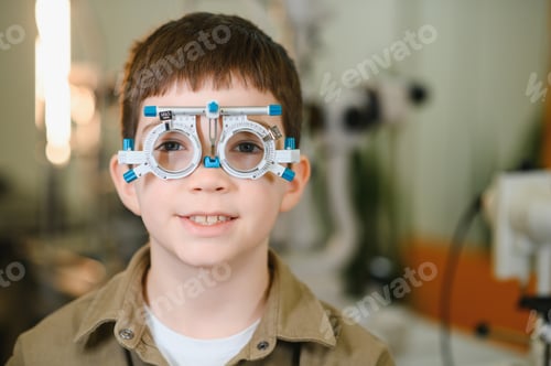 Preview: Child undergoing vision diagnostics with trial frame at ophthalmologist clinic