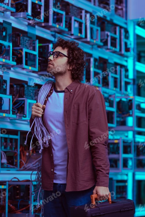 Preview: young computer engineer with wires on shoulder at ethereum mining farm