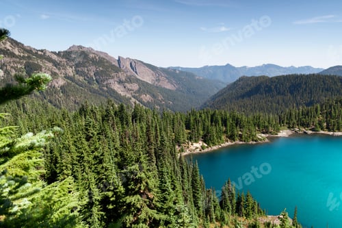 Preview: Alpine emerald green lake in evergreen forest.