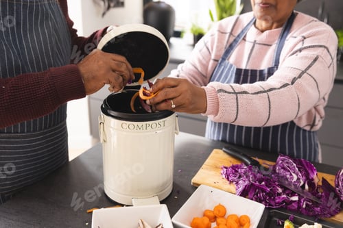 Preview: Senior biracial couple wearing aprons composting food waste in kitchen at home