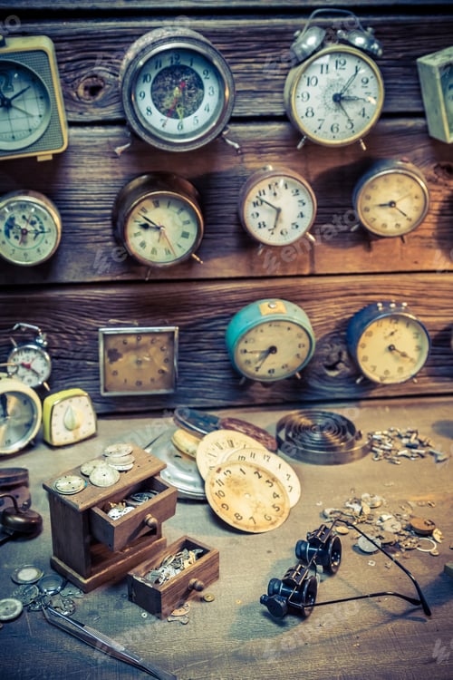 Preview: Old watchmaker's room with clocks to repair
