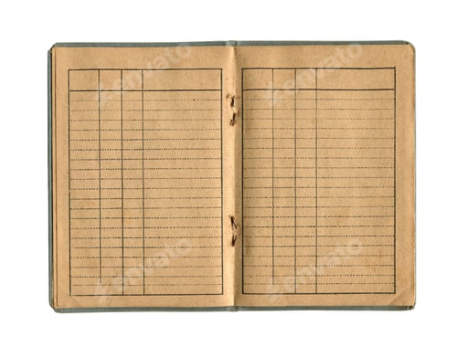 Preview: notebook with vintage paper cloth cover and empty spreadsheet accounting charts and isolated