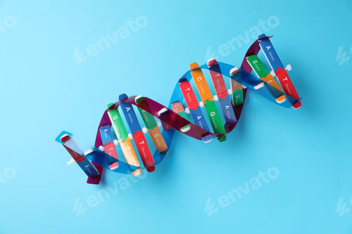 Preview: Colorful DNA structure model on light blue background, top view