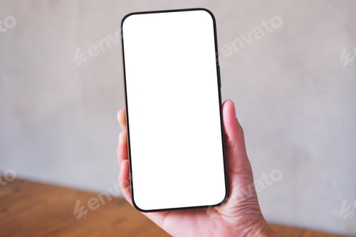 Preview: Mockup image of a woman holding black mobile phone with blank desktop screen