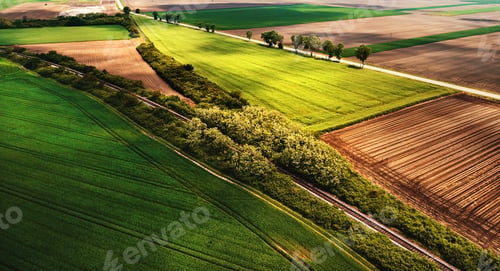 Preview: Curved railroad track in countryside landscape, drone pov