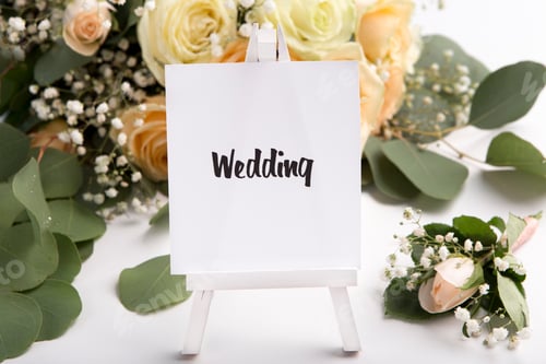 Preview: Square sheet of paper on easel with text on background