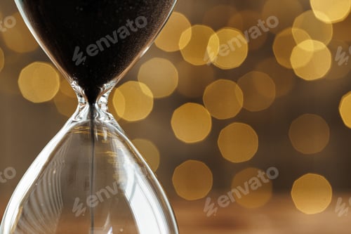Preview: Hourglass on wooden desk against blurred lights