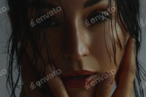 Preview: Sensual tanned beautiful woman with wet hair after shower