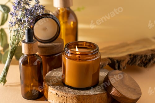 Preview: Soy candles in a glass jar. Aromatherapy. Burning candle and lavender.