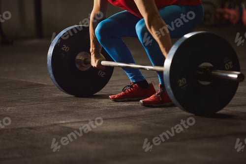 Preview: Unrecognizable man standing behind a barbell.