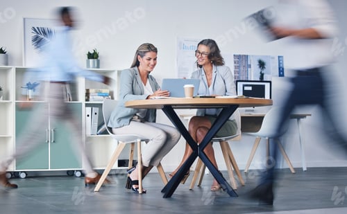 Preview: Manager, leader and employee work on laptop in a office planning a strategy with web app. Corporate