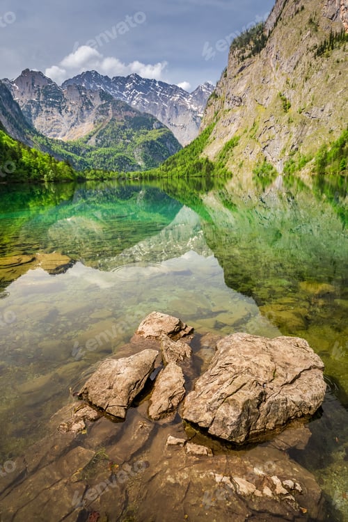 Preview: Rocky shore of Obersee lake in Alps, Germany