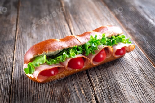 Preview: Tasty sandwich on wooden background