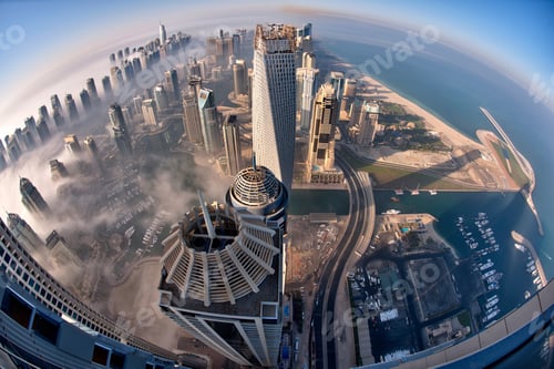 Preview: Aerial view of cityscape with skyscrapers above the clouds in Dubai, United Arab Emirates.