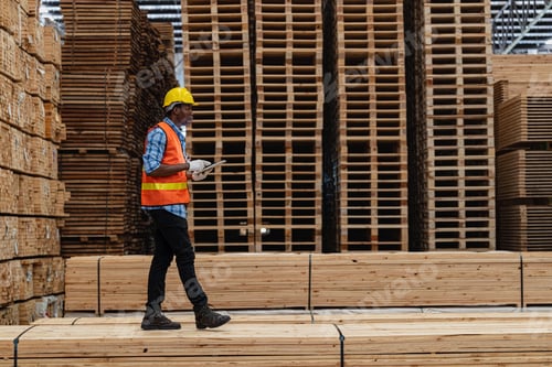 Preview: African worker carpenter working and checking the quality of wooden products