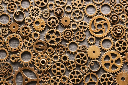Preview: Various metal cogwheels and gear wheels