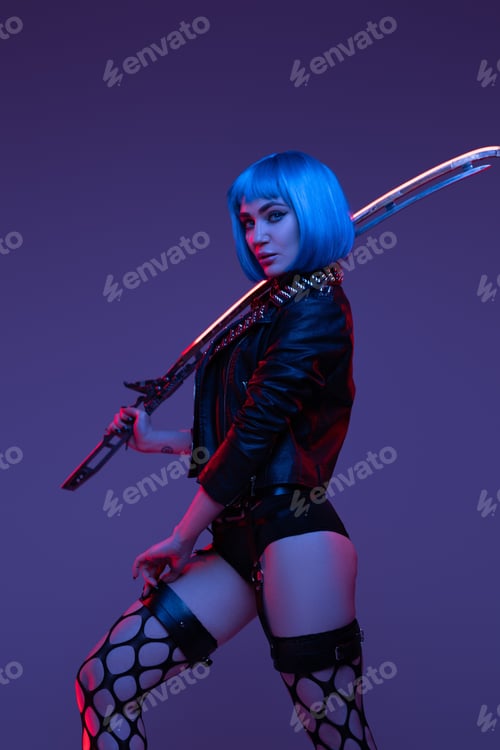 Preview: Cyberpunk woman with short blue hairs and sword