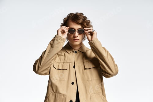 Preview: Stylish young man with wavy hair showcases autumn fashion in a minimalist studio setting