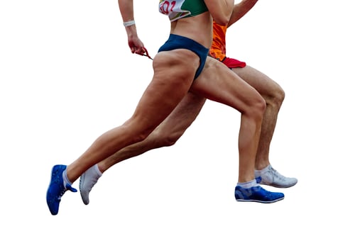Preview: unseeing female runner running together with guide sprint at stadium isolated on white background