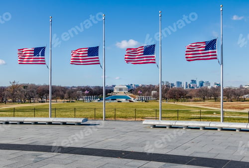 Preview: American Flags with Lincoln Memorial on background - Washington, D.C., USA