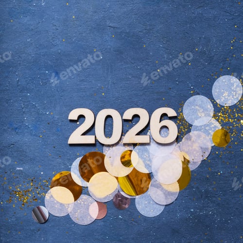 Visualização: Ano novo de 2026 com pedaços de confete brilhantes espalhados em uma superfície azul escura