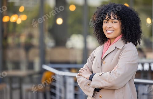 Preview: Portrait, fashion or mock up and a business black woman in the city standing arms crossed with futu