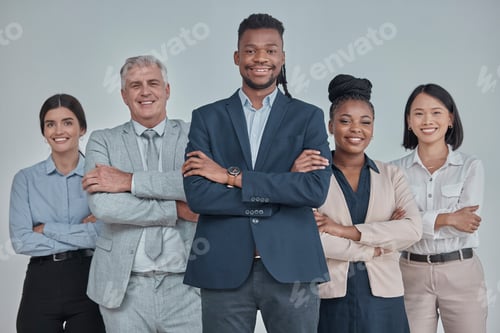 Preview: Leadership, team and business people with crossed arms in a studio with confidence, unity and teamw