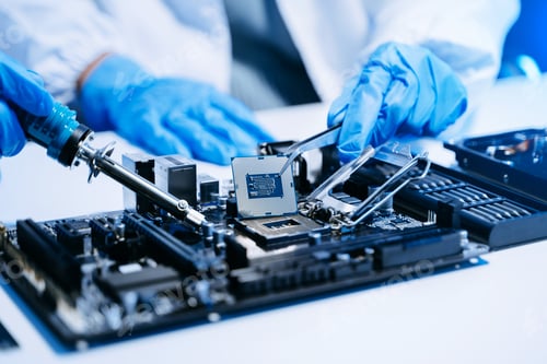 Preview: The technician is putting the CPU on the socket of the computer motherboard. electronic engineering