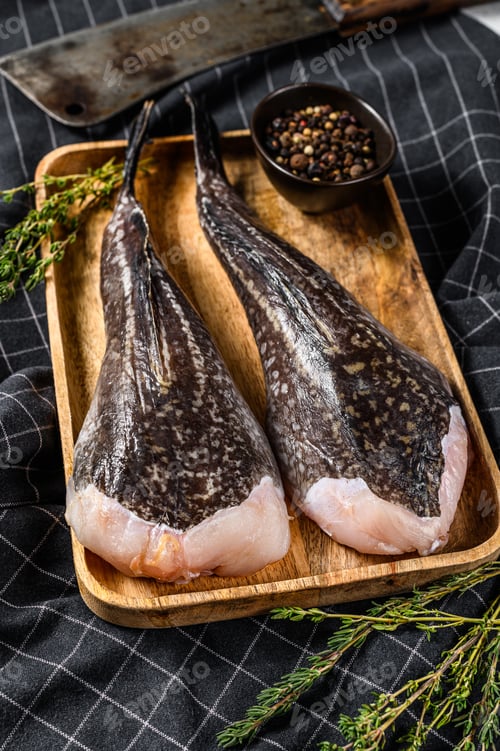 Preview: Fresh monkfish without a head on a wooden tray with a cleaver. Gray background. Top view