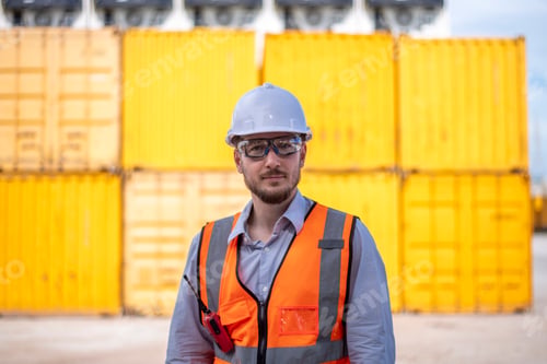 Preview: Engineers railway survey wearing safety uniform and helmet under conversation document on hand inspe