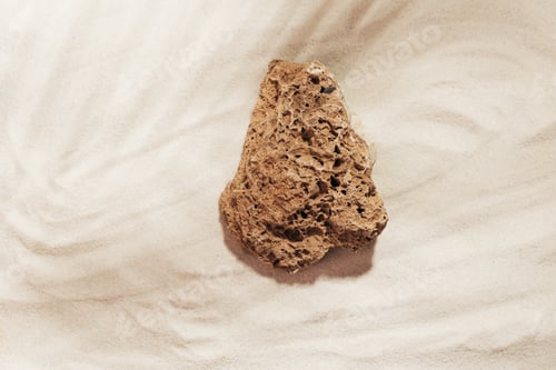 Preview: Creative summer podium made of stone on the background of sand, bright sunlight and shadows, mockup