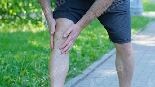Preview: Male athlete runner touching foot in pain due to sprained ankle.