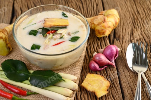 Preview: Tom Kha Kai in a bowl with kaffir lime leaves, lemongrass, red onion, galangal and chilli.