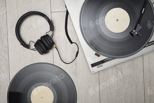 Preview: Vinyl player with long play or LP records and headphones.