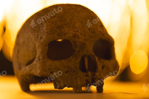 Preview: Skull and yellow bokeh blurred lights with copy space and wooden surface