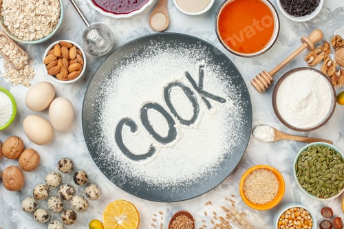 Preview: top view cook written flour with cereals eggs seeds nuts jam and jelly on white background color