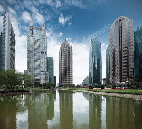 Preview: pond and modern building in shanghai