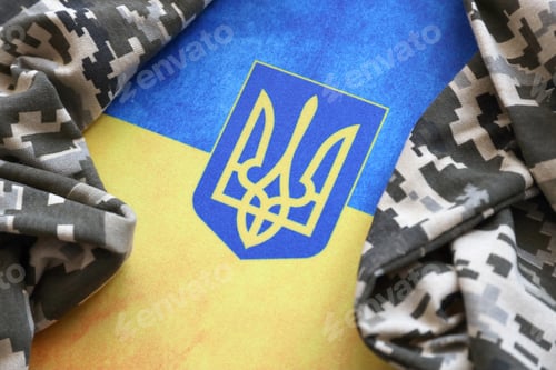 Preview: Ukrainian flag and coat of arms with fabric with texture of pixeled camouflage