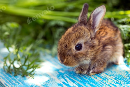 Adorable Brown Bunny Amongst Greenery on Weathered Wood