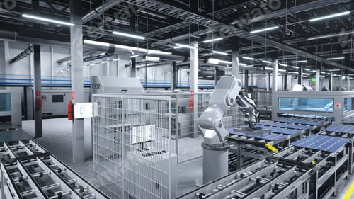 Preview: Solar panel logistics factory with robot arms, 3D rendering