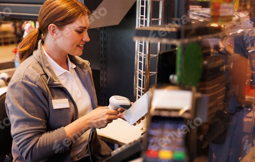 Preview: Female cashier scanning a barcode in a supermarket