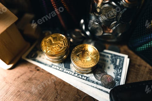 Preview: Bitcoin coins on a wooden desk at home